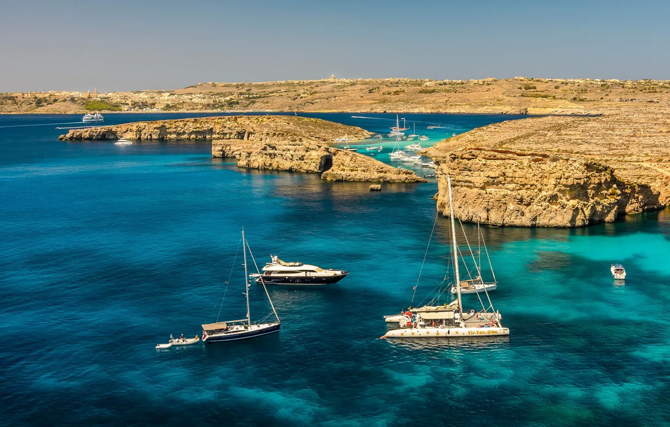 Photo wallpaper sea, rocks, yacht, Malta