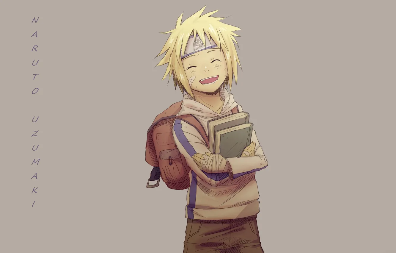 Photo wallpaper smile, books, grey background, the patch, bandages, satchel, Naruto Uzumaki, Naruto Shippuden