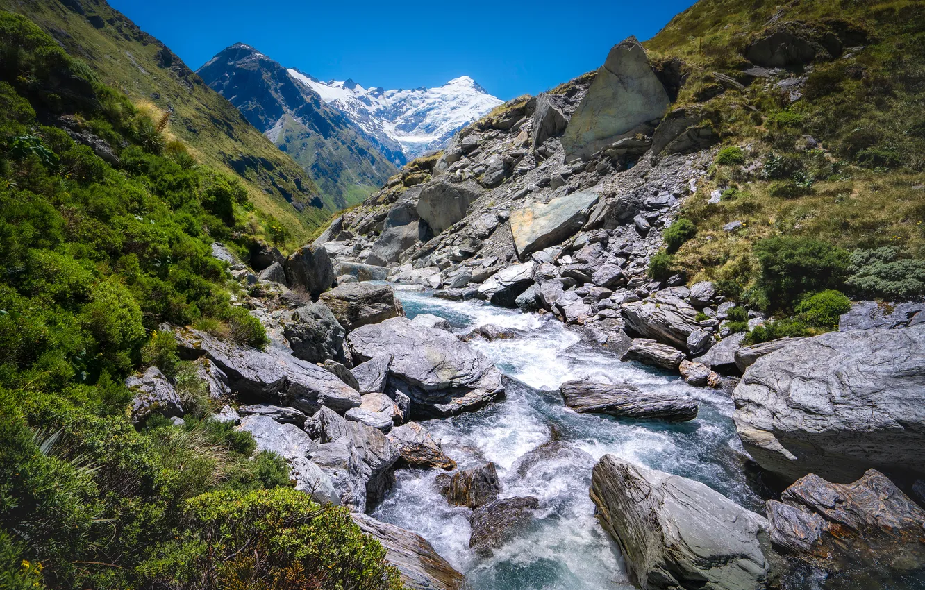 Photo wallpaper mountains, river, stones, New Zealand