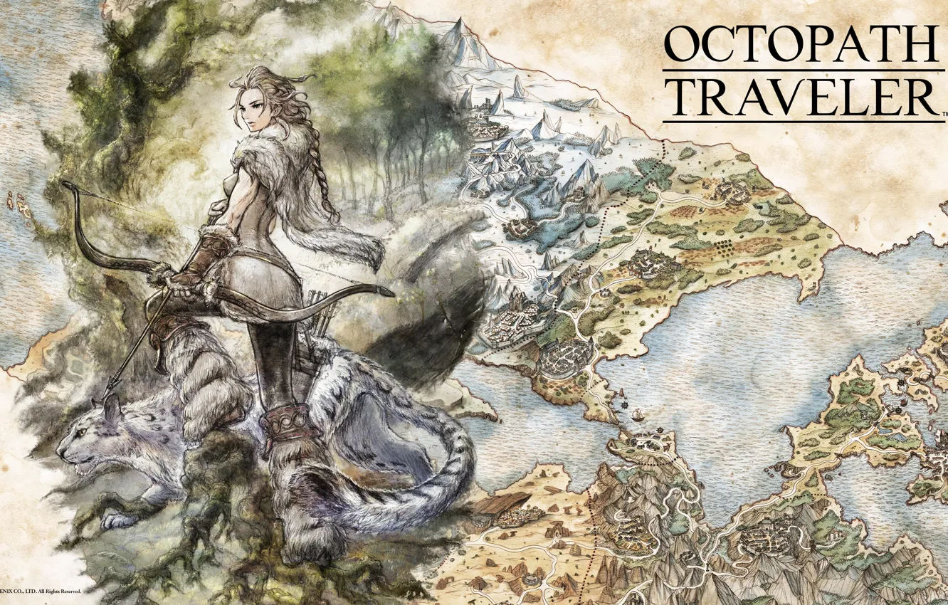 Photo wallpaper girl, fantasy, game, weapon, animal, map, digital art, bow