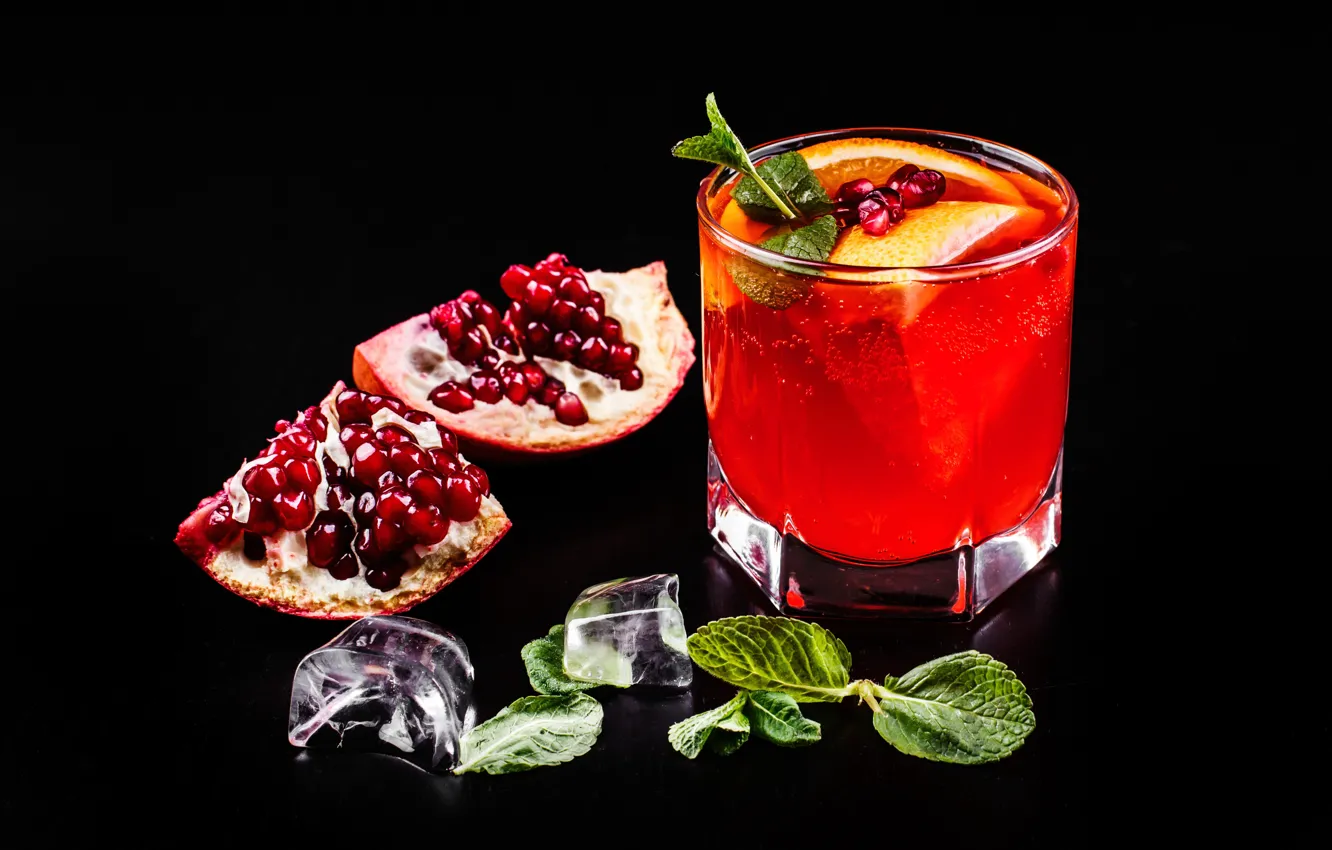 Photo wallpaper ice, pomegranate, garnet, drink, cocktail, mint