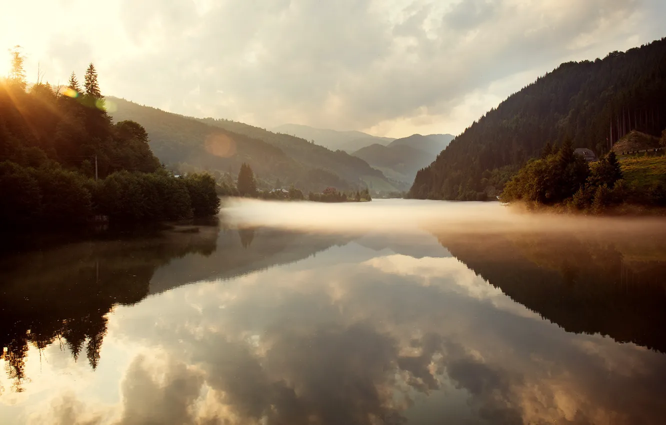 Photo wallpaper water, clouds, trees, mountains, lake, home, Nature, Romania