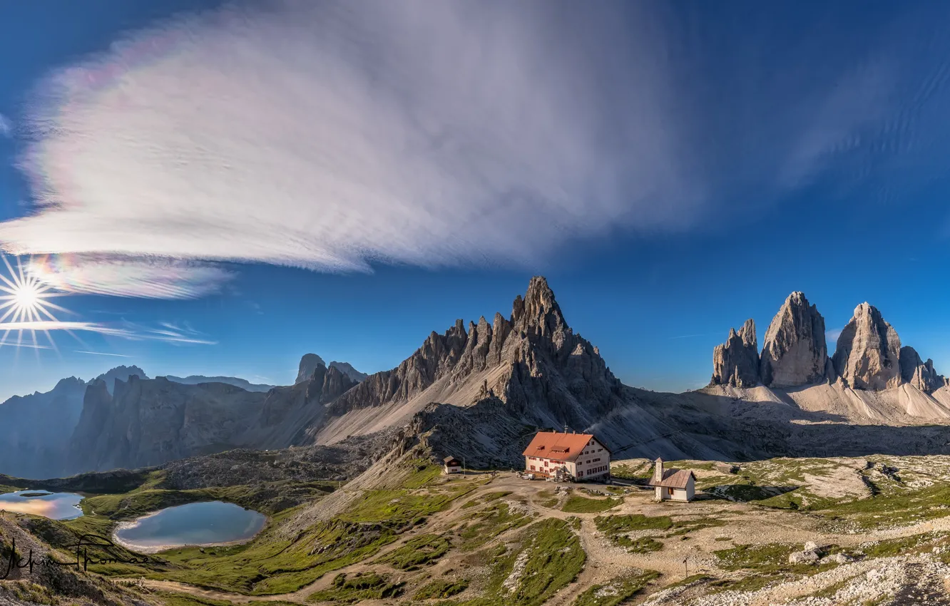 Photo wallpaper the sky, mountains, lake, home, Italy, Italy, The Dolomites, Dolomites