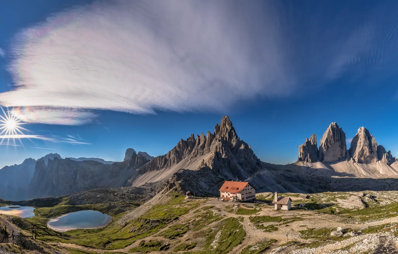 Photo wallpaper the sky, mountains, home, Italy, Italy, lake, The Dolomites, Dolomites