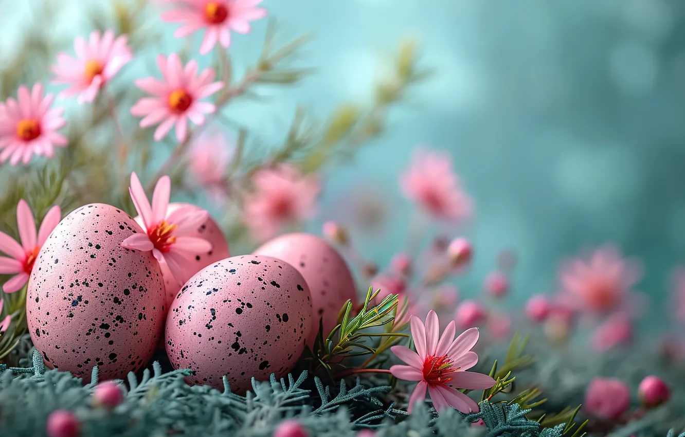 Photo wallpaper flowers, eggs, spring, colorful, Easter, pink, flowers, spring
