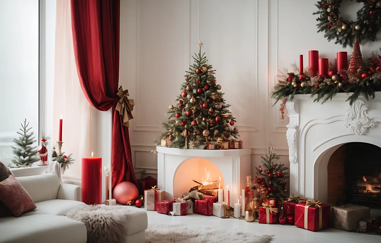 Photo wallpaper decoration, room, gift, tree, new year, interior, Christmas, fireplace