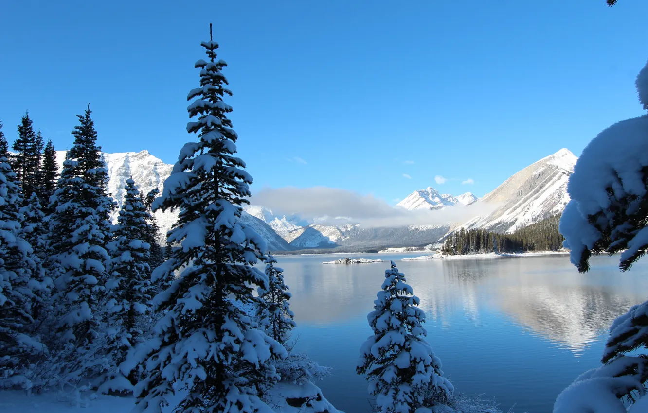 Photo wallpaper winter, the sky, snow, trees, mountains, lake