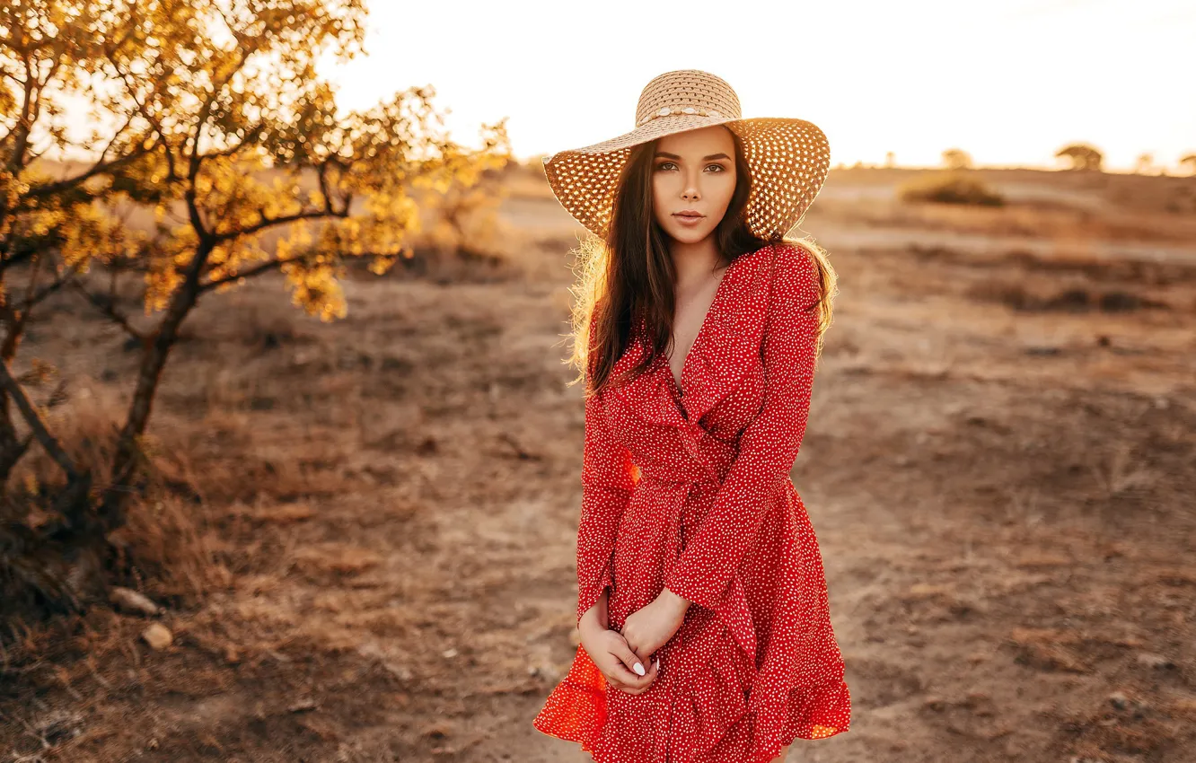 Photo wallpaper girl, pose, hat, red dress, Heath, Anton Swarovsky, Ksenia Tsibirova