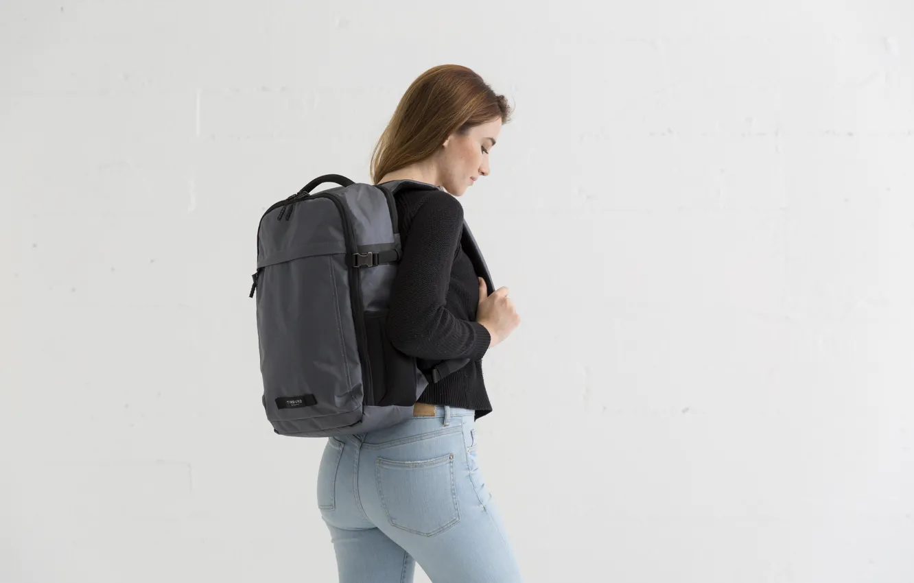 Photo wallpaper woman, jeans, backpack
