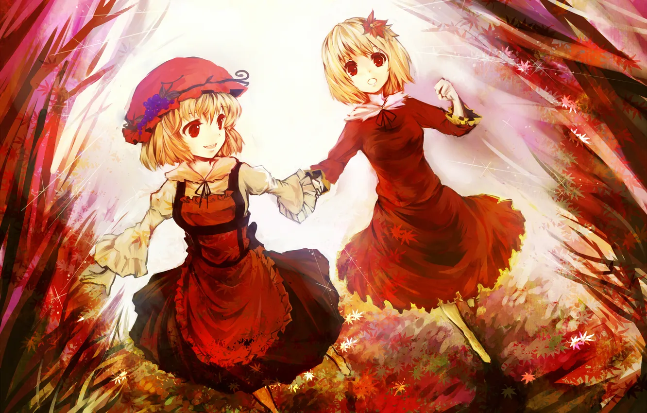 Photo wallpaper autumn, leaves, girl, art, grapes, cap, touhou, chagu