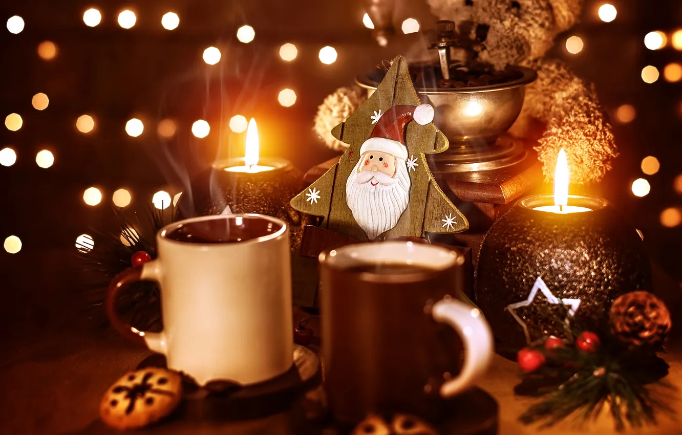 Photo wallpaper winter, light, holiday, toy, new year, coffee, grain, candles