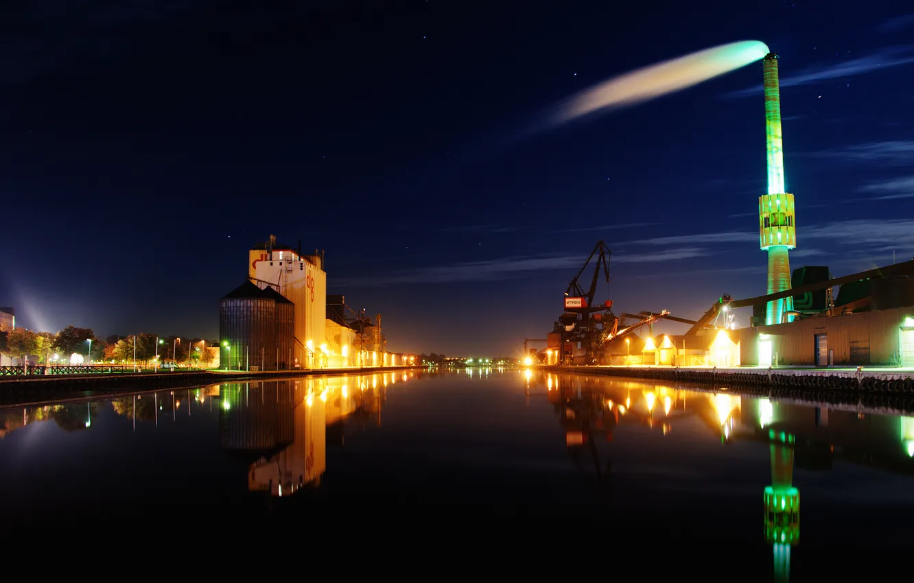 Photo wallpaper night, the city, lights, pipe, port, Doc
