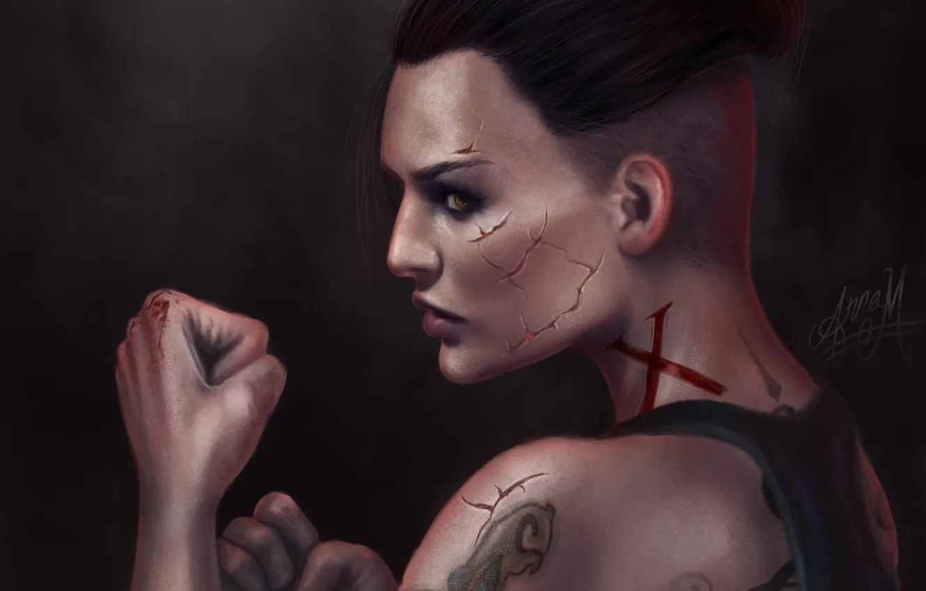 Photo wallpaper girl, tattoo, art, scar, fist, shepard, mass effect 3