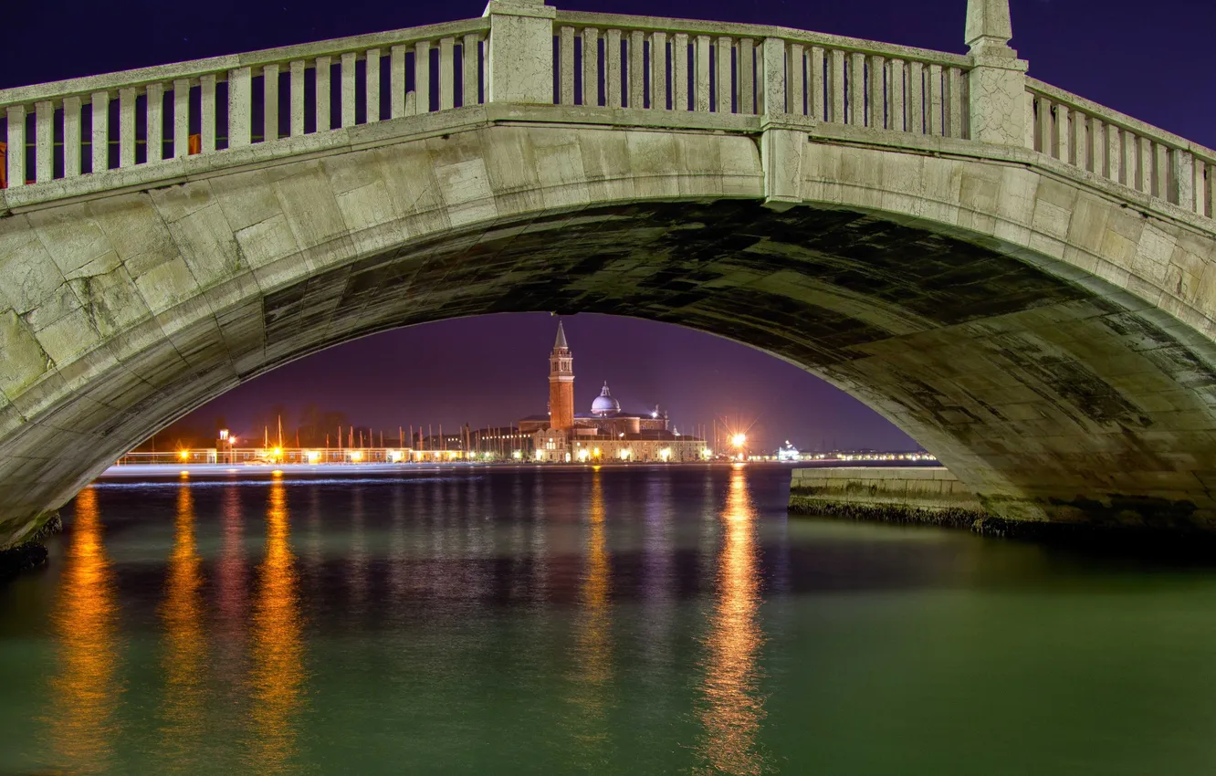 Photo wallpaper water, night, bridge, the city, lights, reflection