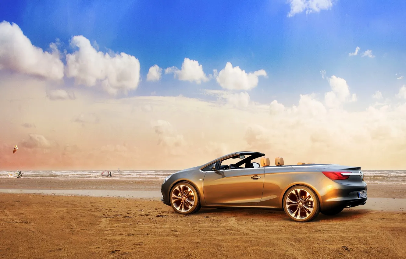 Photo wallpaper sand, sea, machine, clouds, Opel, convertible, side view, Opel