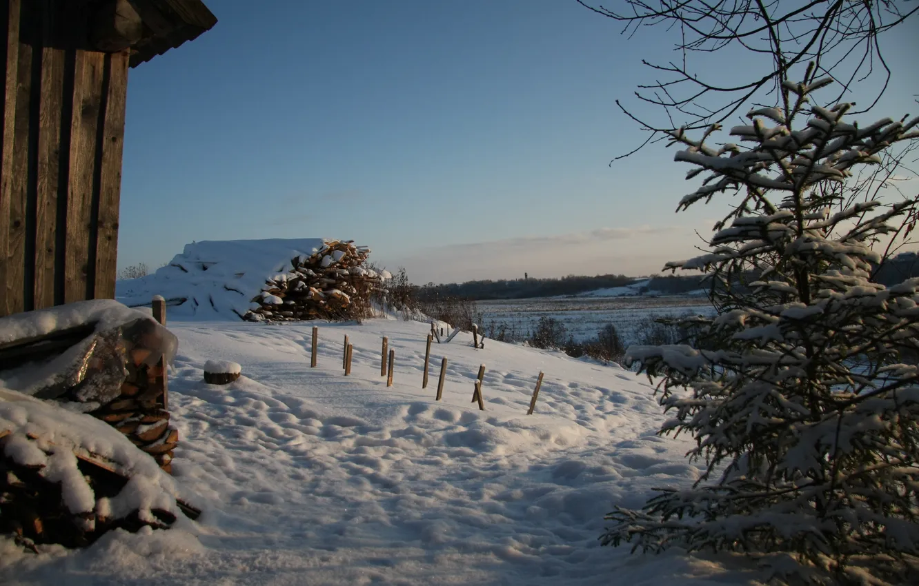 Photo wallpaper winter, snow, landscape, traces, mood, tree, the barn, day