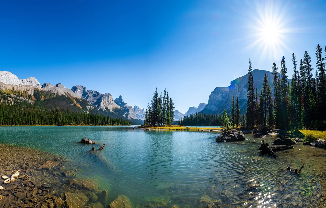 Photo wallpaper forest, the sun, landscape, mountains, lake, Canada, Canada, Maligne Lake