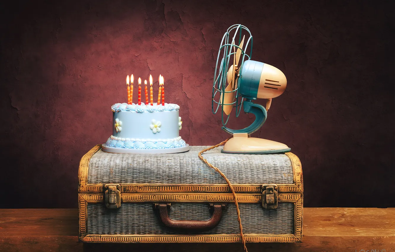 Photo wallpaper birthday, fan, cake, suitcase
