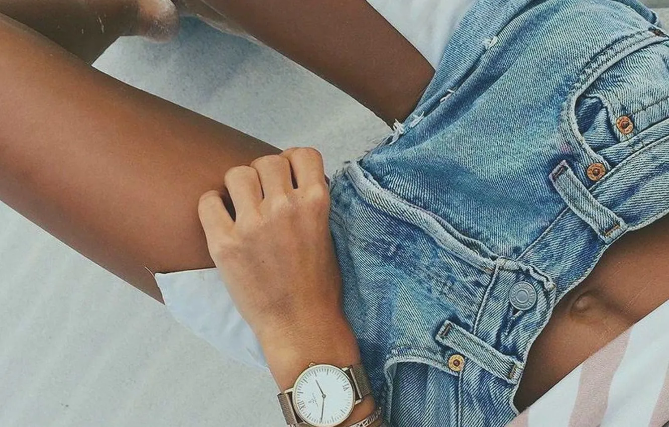 Photo wallpaper girl, watch, bracelet, slender legs, denim shorts