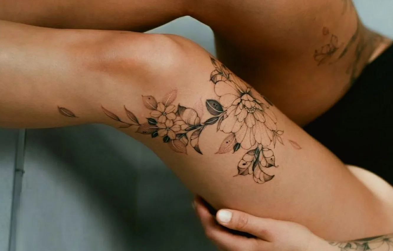Photo wallpaper the tattoo on the arm, girl, slender legs, tattoo on legs, tattoo