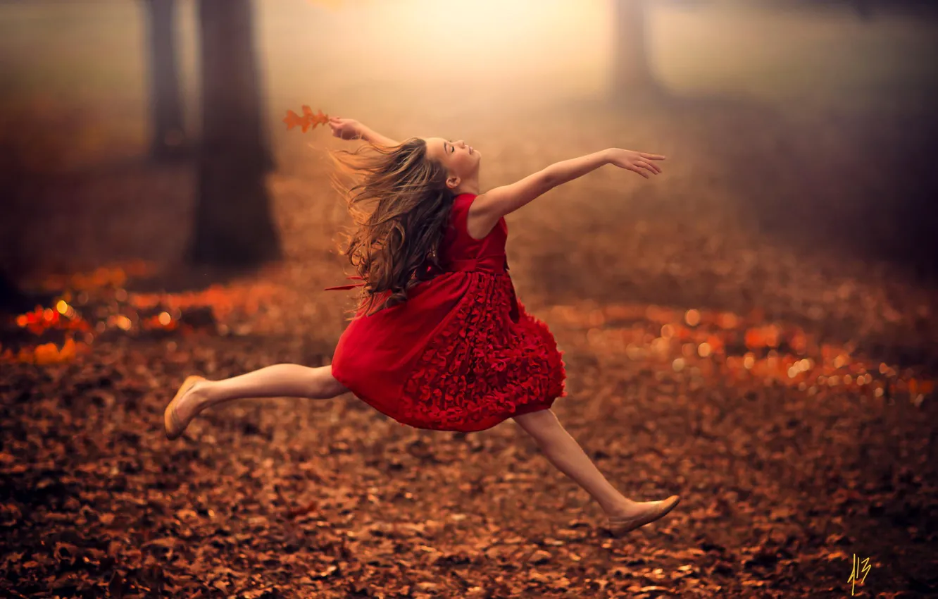 Photo wallpaper autumn, leaves, jump, elf, child, dance, fairy, girl