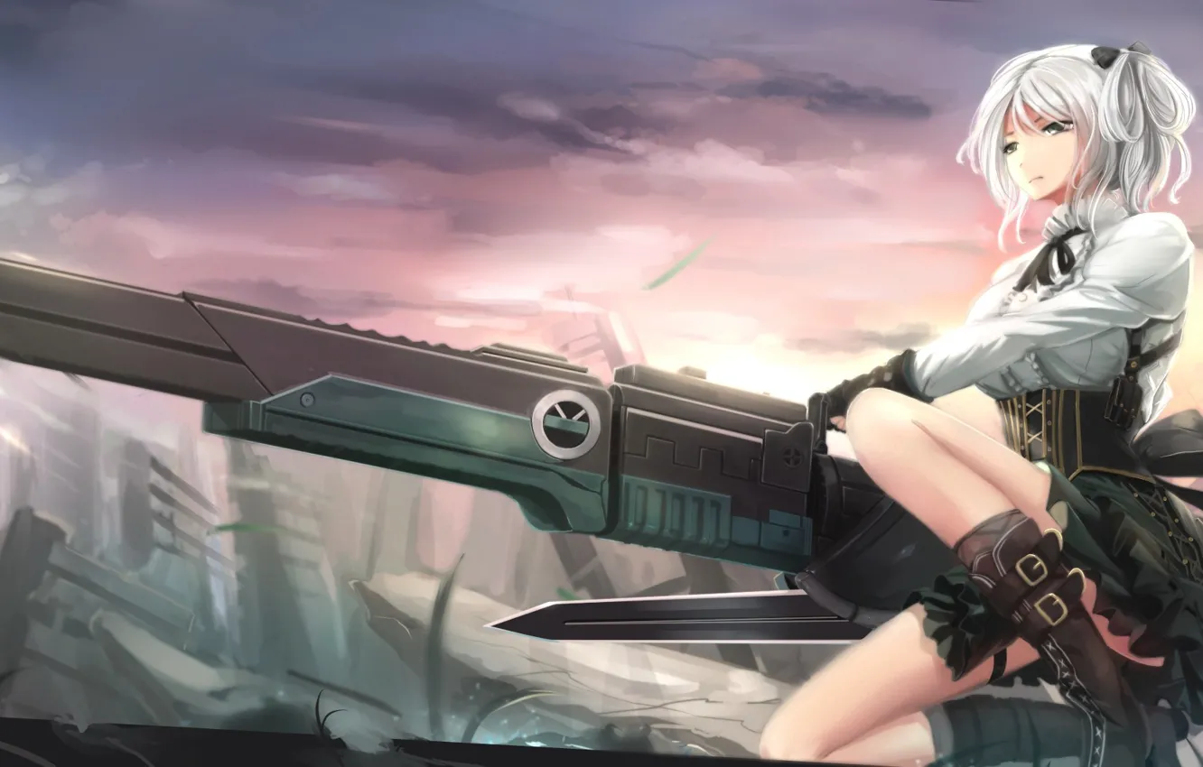 Photo wallpaper city, girl, sword, gun, game, soldier, sky, weapon
