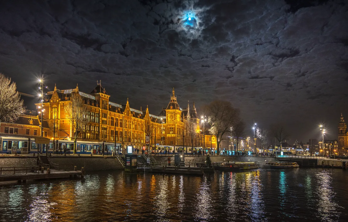 Photo wallpaper clouds, the city, the moon, building, home, the evening, lighting, Amsterdam