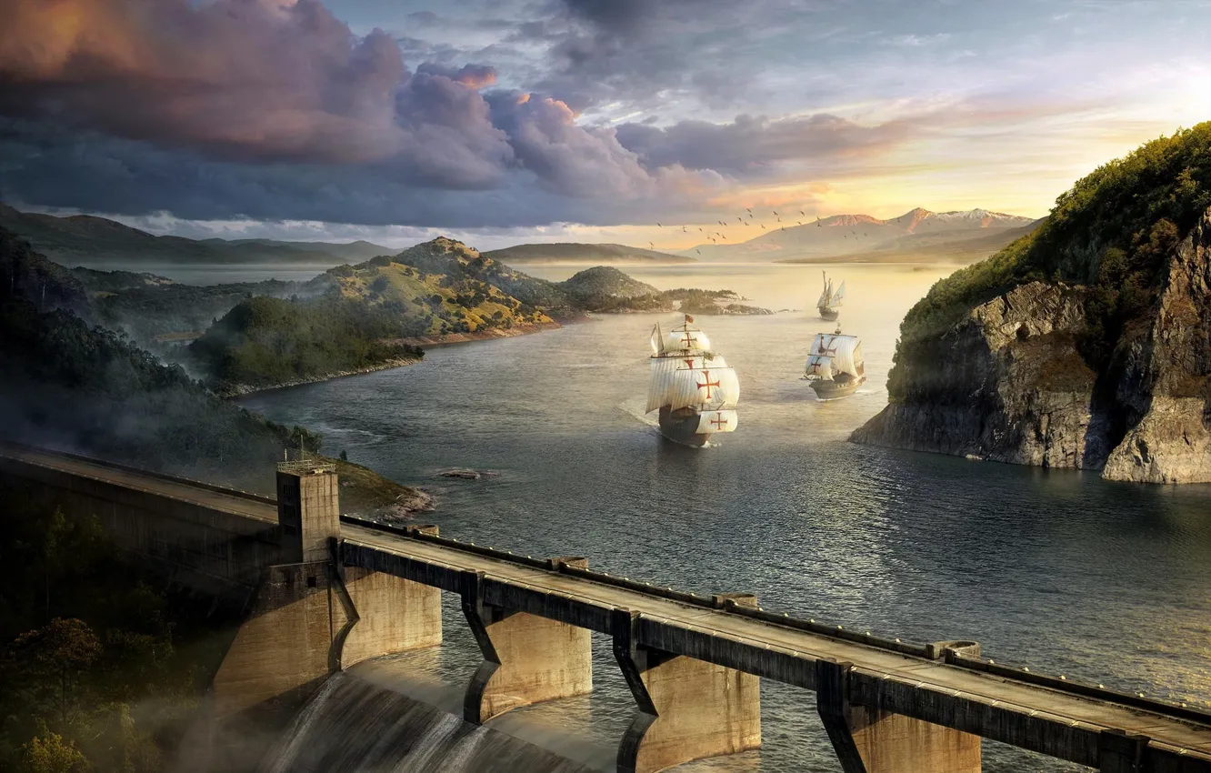 Photo wallpaper landscape, birds, clouds, bridge, river, rocks, ships, dam