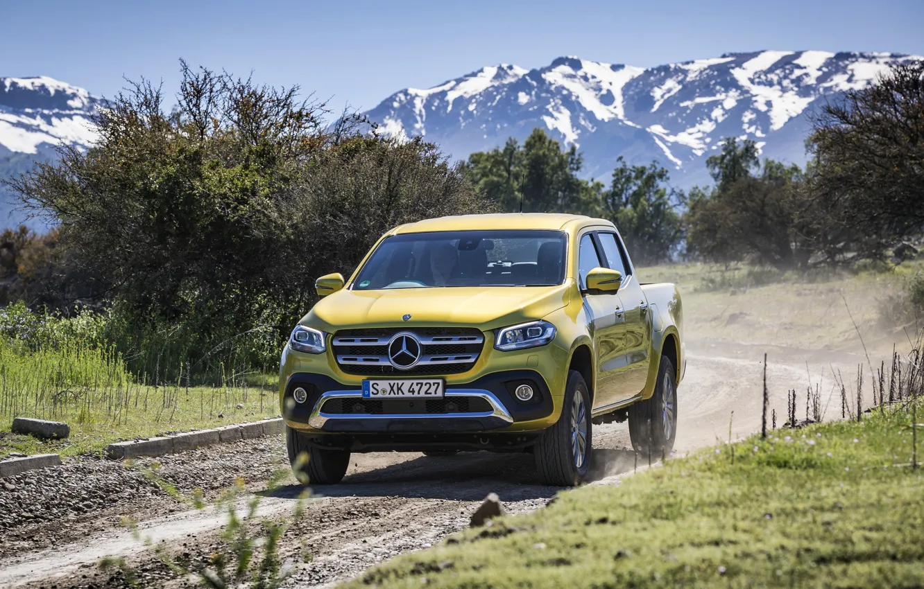 Photo wallpaper road, mountains, yellow, Mercedes-Benz, pickup, shrub, 2017, X-Class