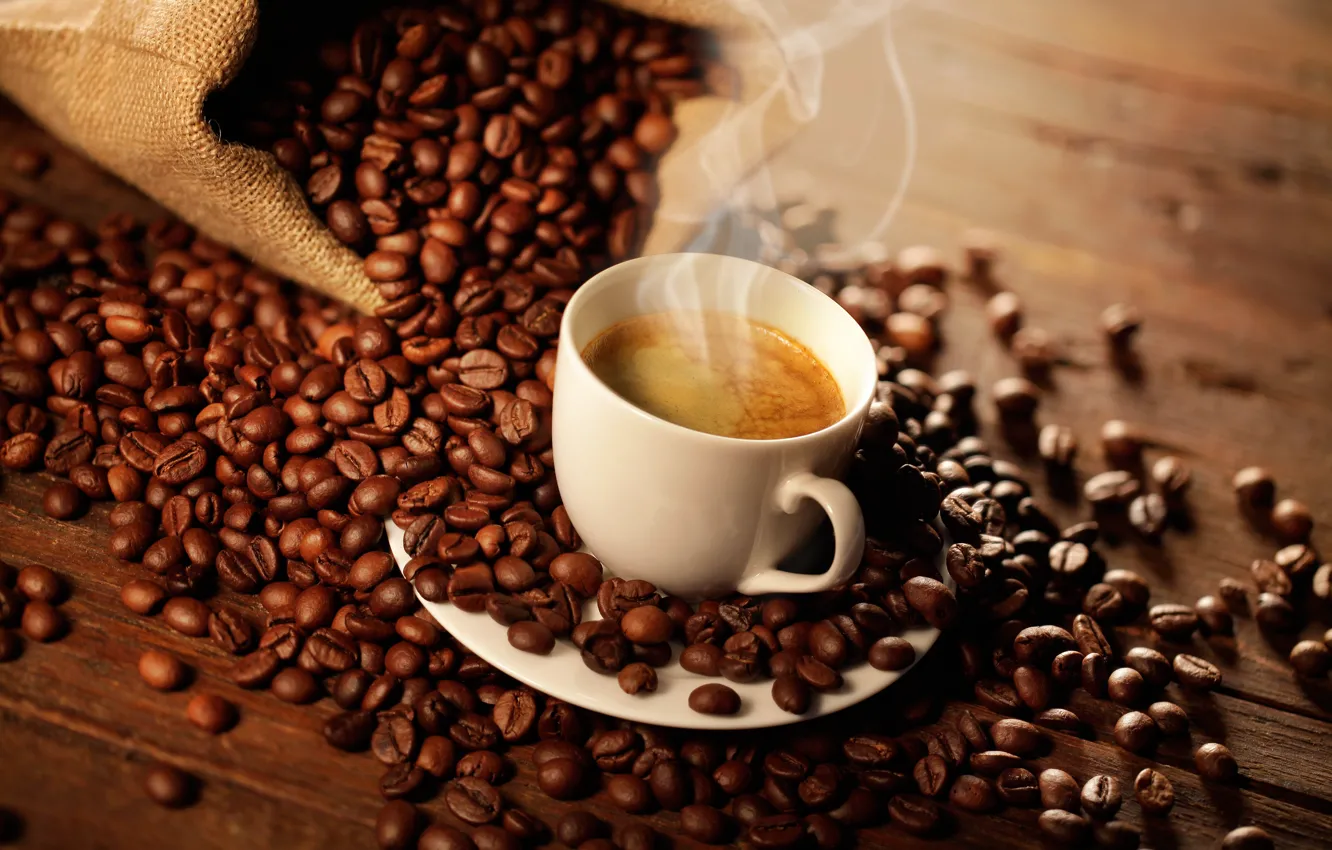 Photo wallpaper coffee, bag, coffee beans, foam, coffee, bag, coffee aroma, coffee beans
