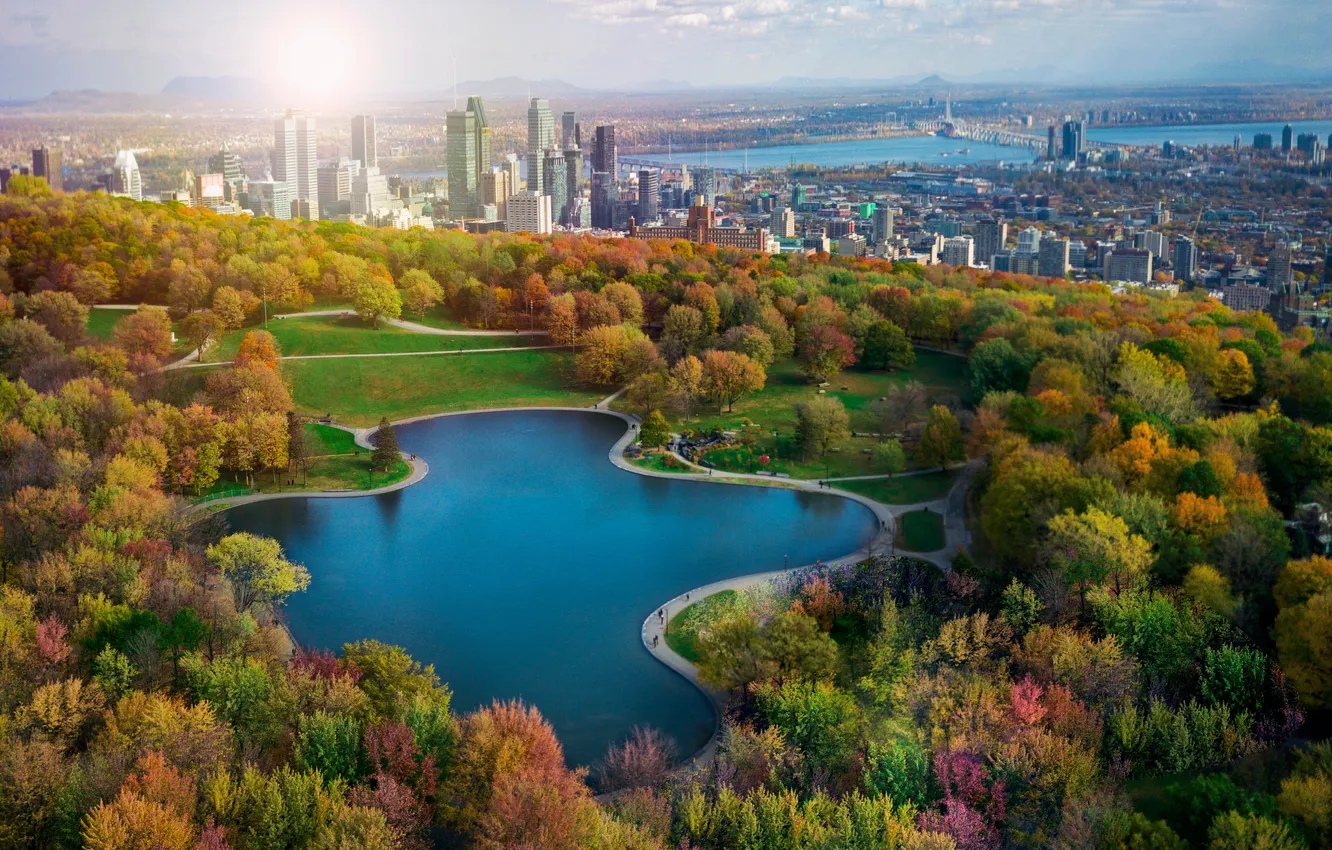 Photo wallpaper skyline, sky, skyscraper, sun, sunrise, montreal, quebec, sun rise city