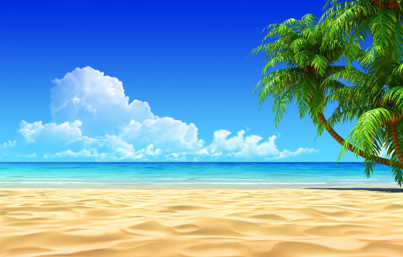 Photo wallpaper sand, sea, clouds, palm trees