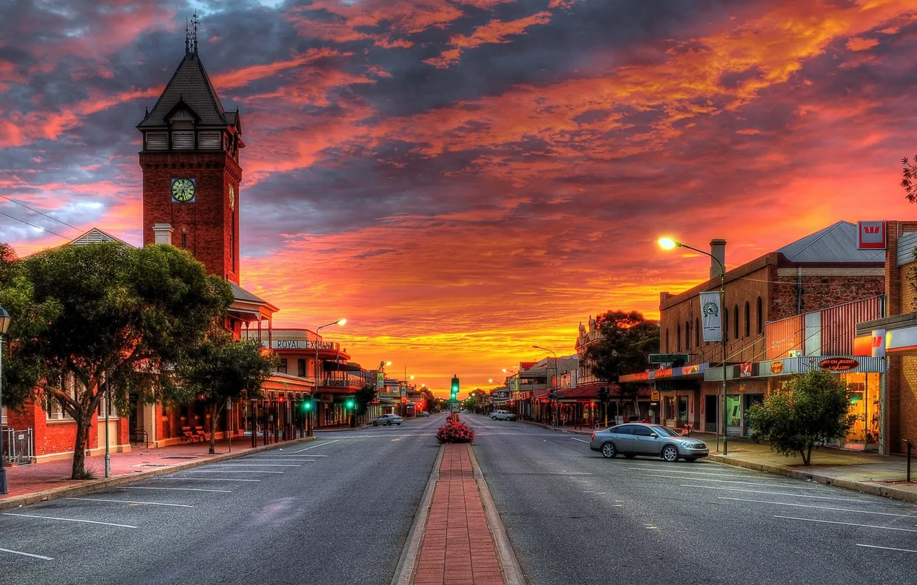 Photo wallpaper road, car, the sky, clouds, landscape, sunset, city, the city