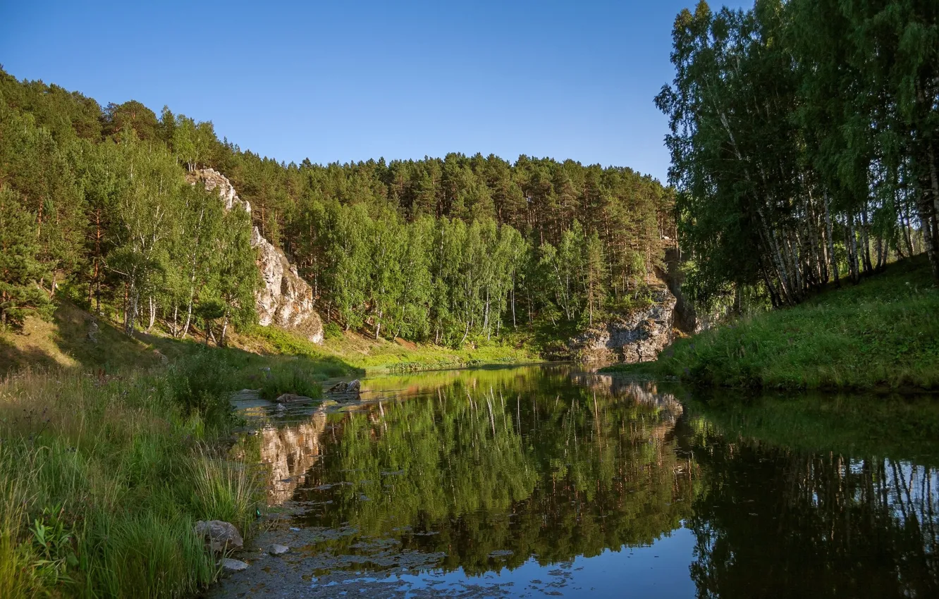 Photo wallpaper forest, mountains, nature, lake