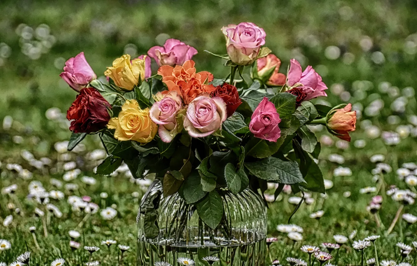 Photo wallpaper summer, grass, flowers, nature, roses, bouquet, vase, bokeh