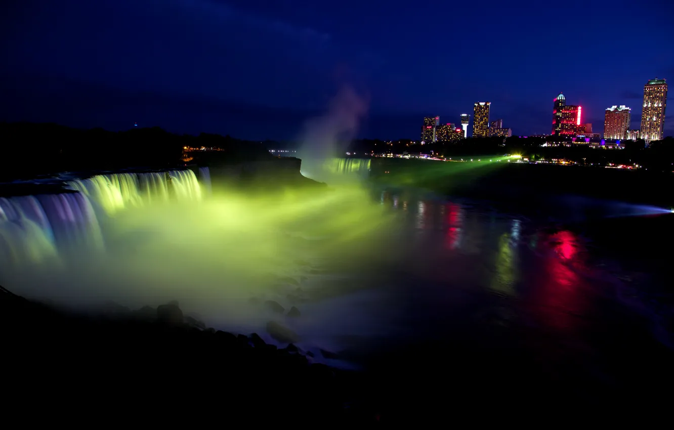 Photo wallpaper light, night, the city, lights, river, waterfall, home, USA
