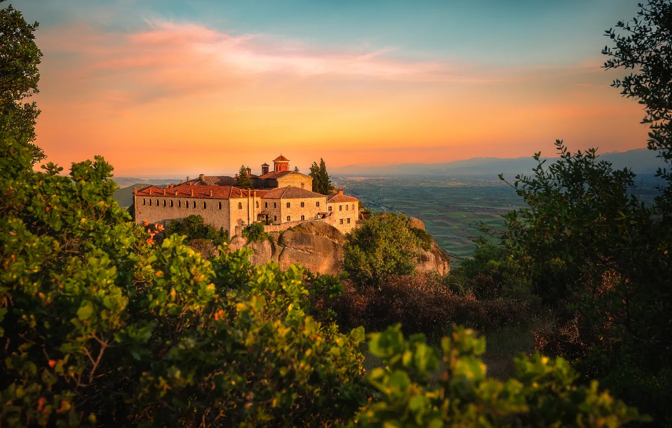 Photo wallpaper greens, clouds, mountains, branches, stones, open, rocks, dawn