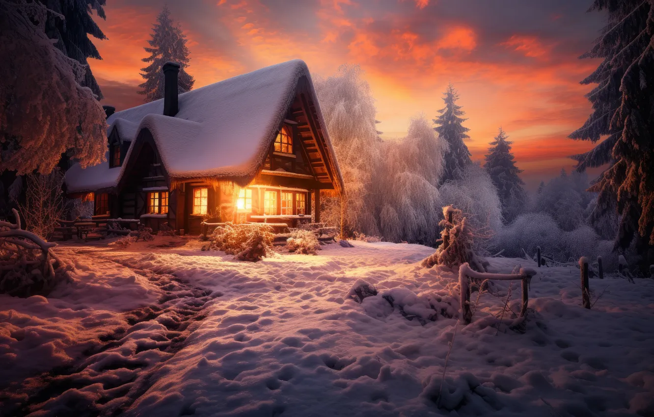 Photo wallpaper winter, forest, snow, mountains, night, nature, house, house