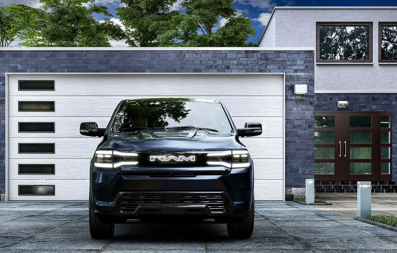 Photo wallpaper house, garage, front view, exterior, Ram, 2025, Ram 1500 REV Tungsten, Tungsten