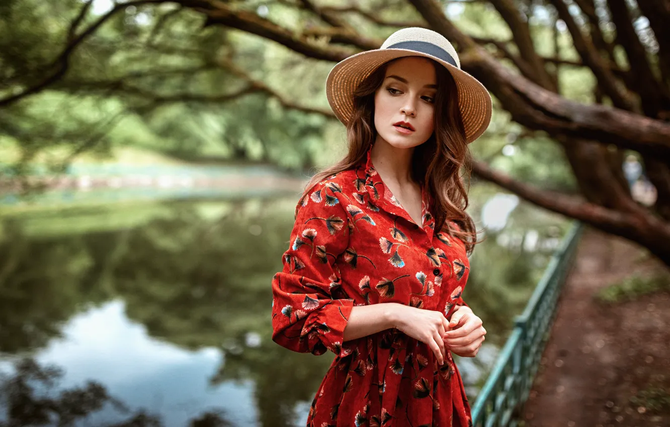 Photo wallpaper girl, nature, portrait, hat, dress, George Chernyadev, Anastasia Zonova, Georgy Chernyadyev