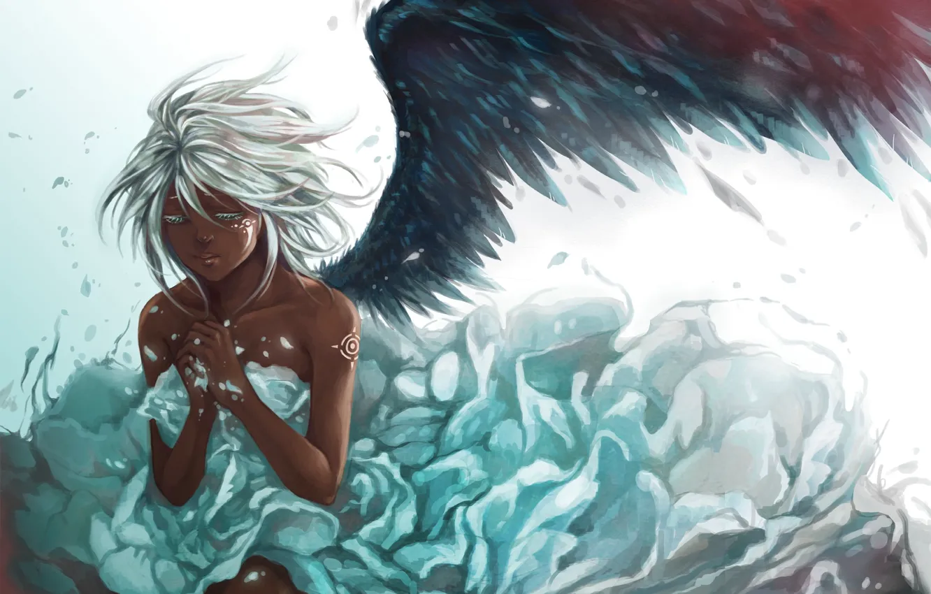Photo wallpaper girl, feathers, wing, art, white hair
