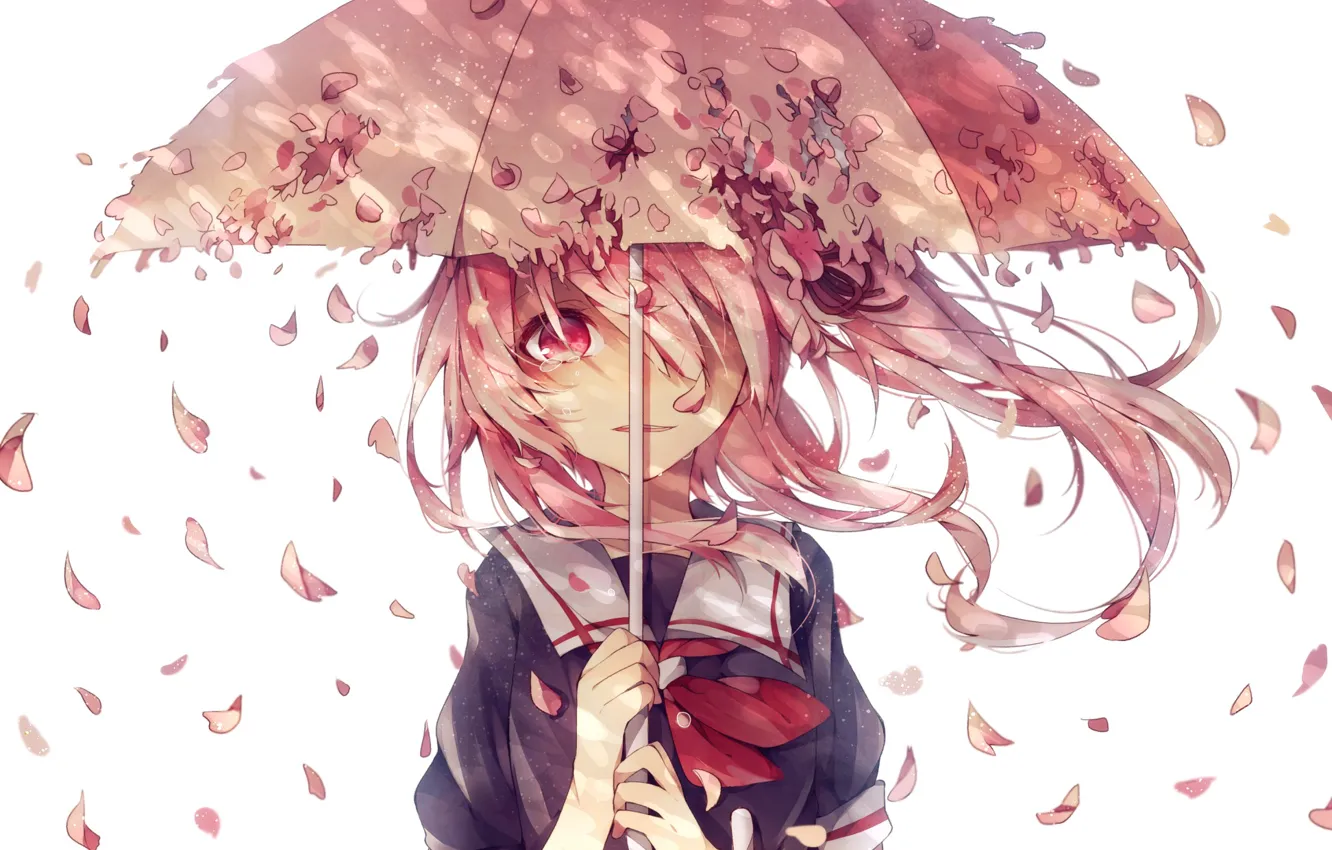 Photo wallpaper girl, umbrella, anime, petals, Sakura, tears, art, form