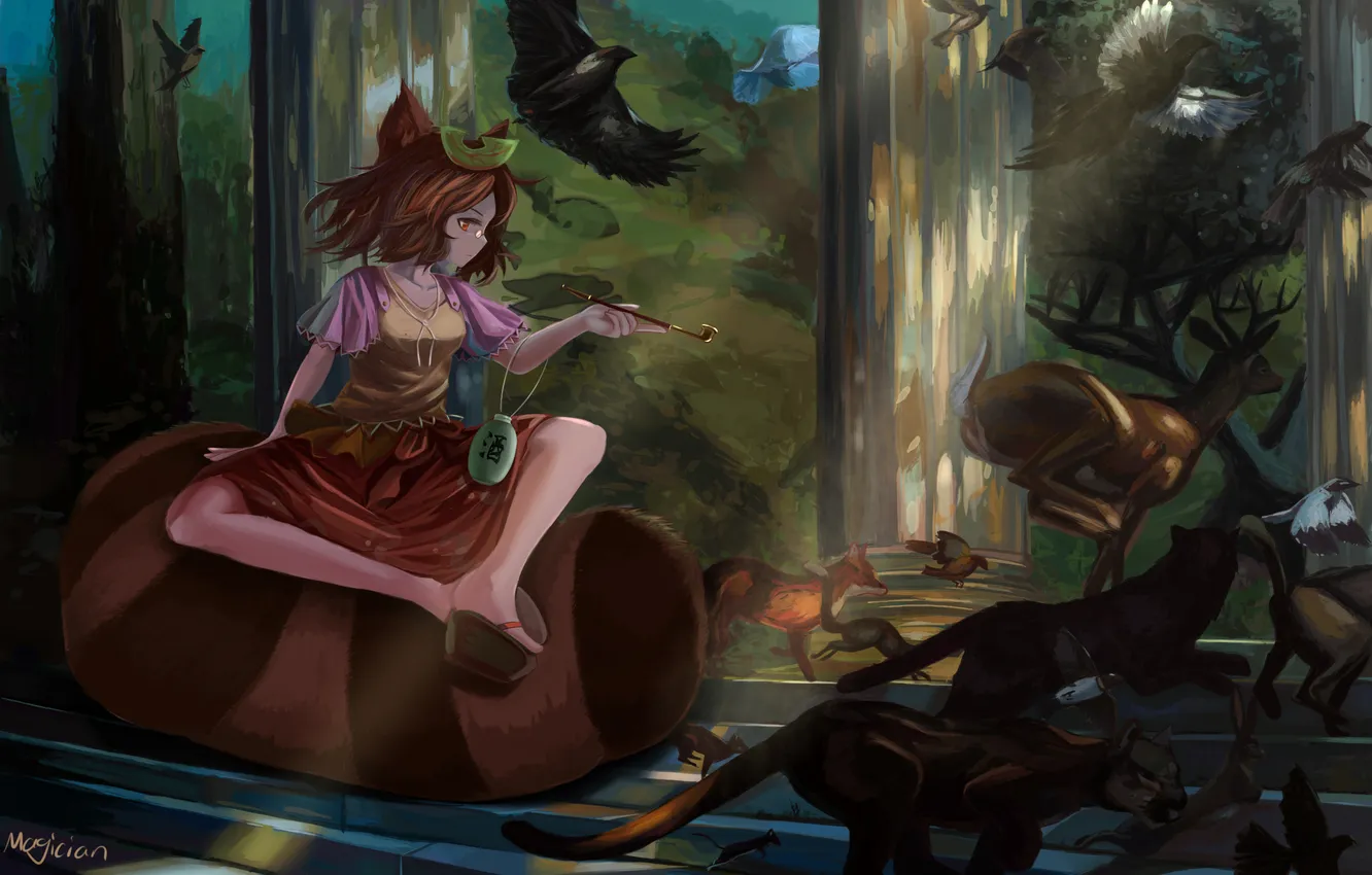 Photo wallpaper forest, girl, light, trees, animal, bird, anime, art