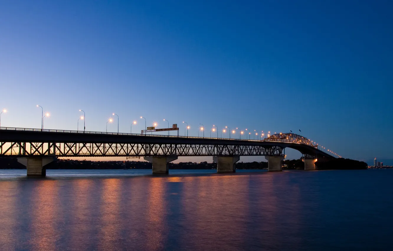 Photo wallpaper water, bridge, lights