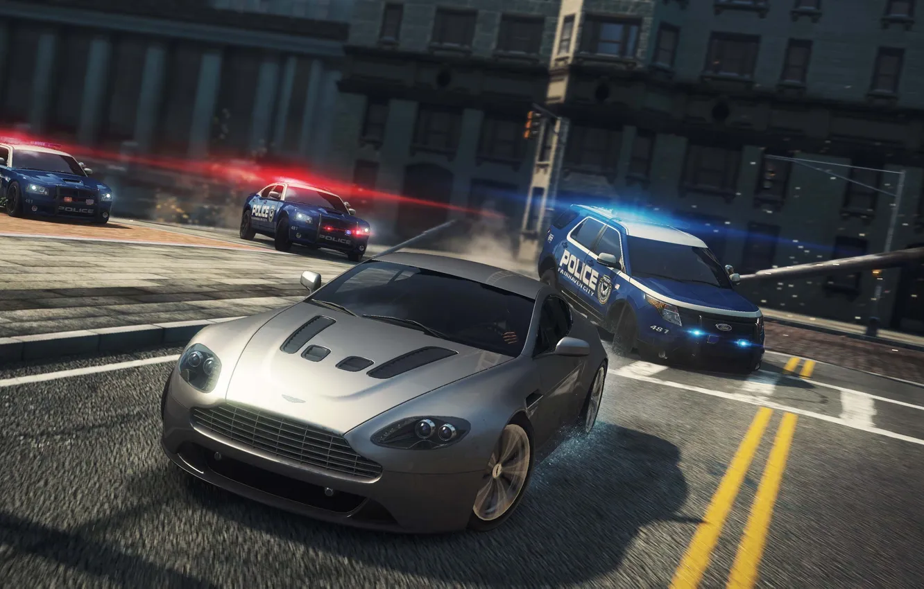 Photo wallpaper NFS, 2012, cars, police, Most Wanted, Aston Martin V12 Vantage, Need for speed