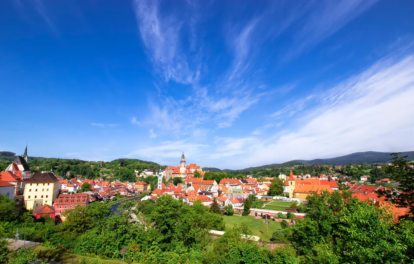 Photo wallpaper the sky, trees, building, home, Czech Republic, panorama, Czech Republic, Český Krumlov