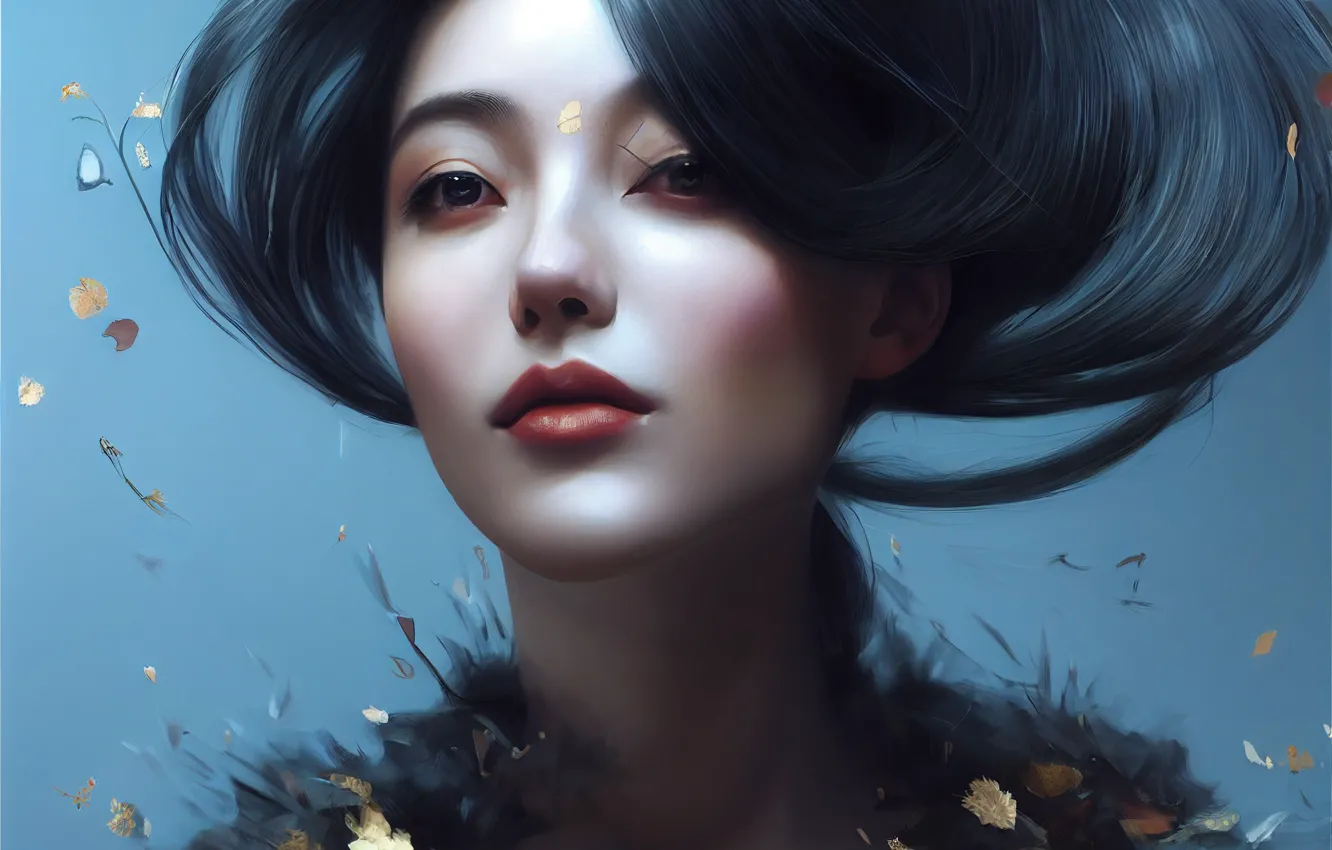 Photo wallpaper girl, face, hair, art, Asian, neural network