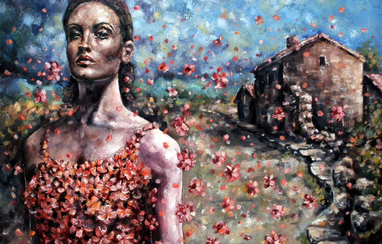 Photo wallpaper road, girl, flowers, realism, rose petals, oil painting, painting painting, Parsadanov