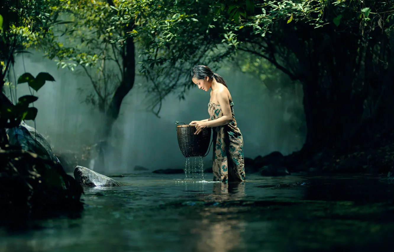 Photo wallpaper water, girl, stream, basket