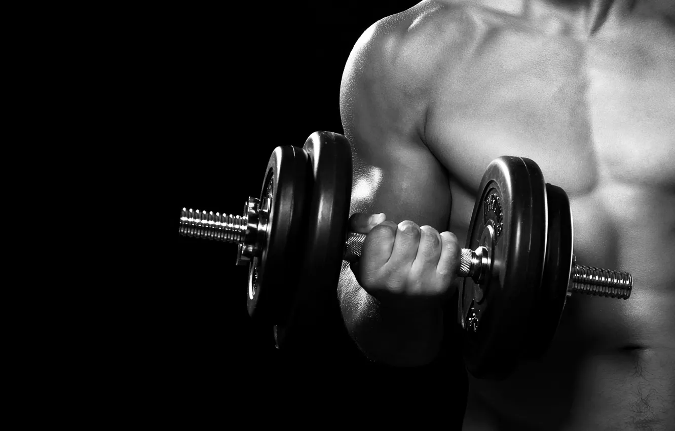 Photo wallpaper man, fitness, gym, arms, dumbbell